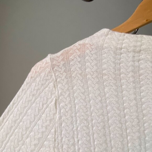 ❄️  Modern Cream Long Sleeves Cable Knit Mock-Neck Second Skin Silk Wool Sweater - Picture 5 of 6
